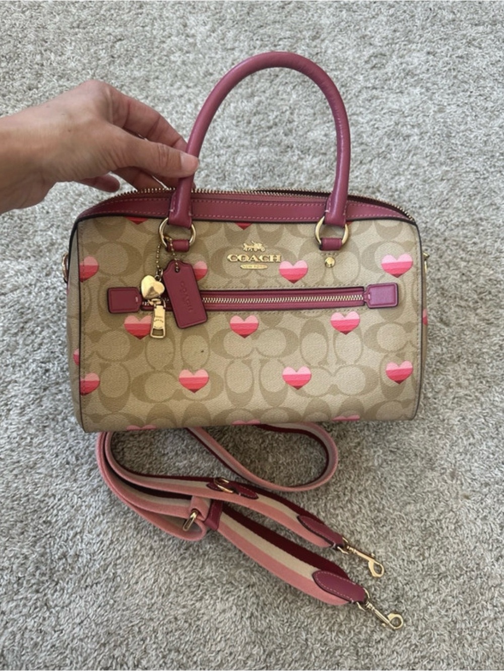 Coach Beige Signature Satchel with Pink Heart Accents